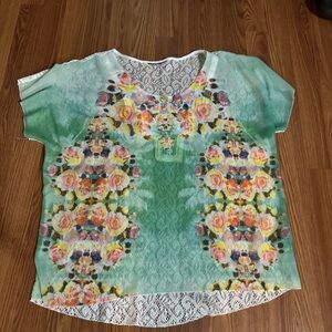 Vintage‎ Floral Bohemian Green Short Sleeve Crochet Lace Open Back Blouse Fairy